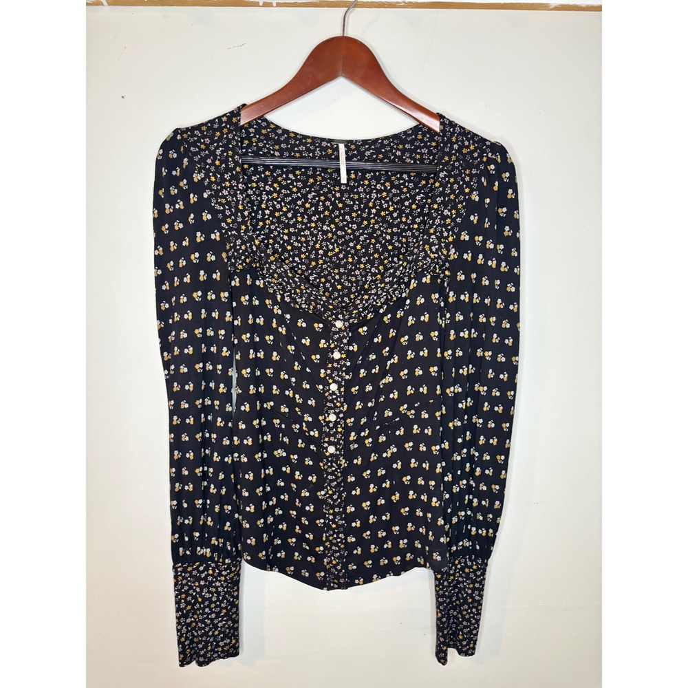 Free People Mixed‎ Floral Ditsy Print Button Front Boho Top Black Small